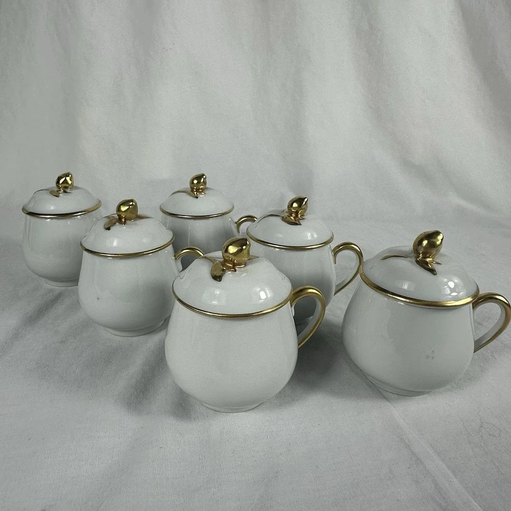 6 Antique Limoges Pot de Crème France Coiffe Porcelain White‎ And Gold